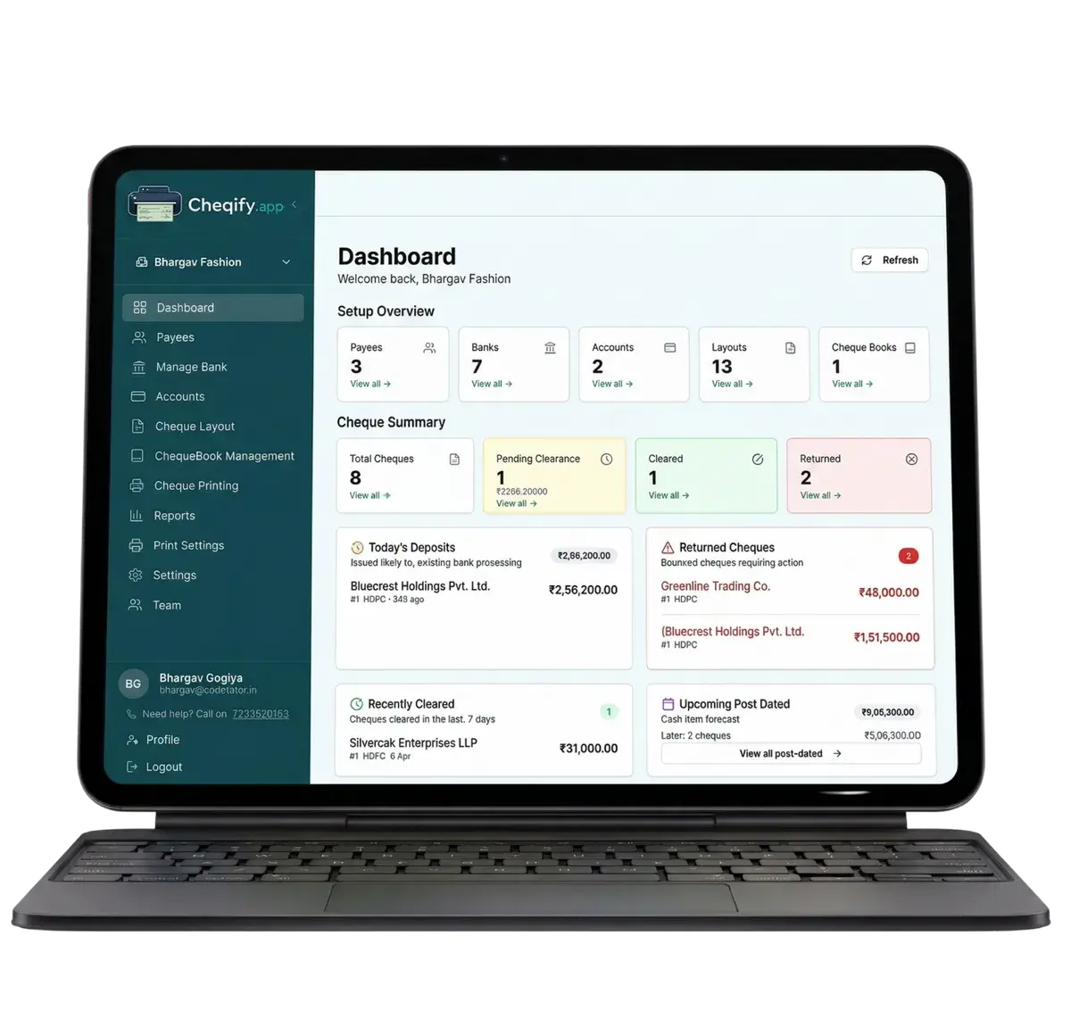 Cheqify cheque lifecycle tracking dashboard — track cheques from issue to clearance