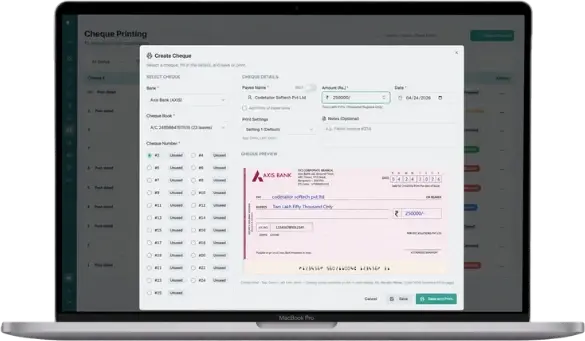 Cheque printing software preview with payee, amount, and MICR auto-fill