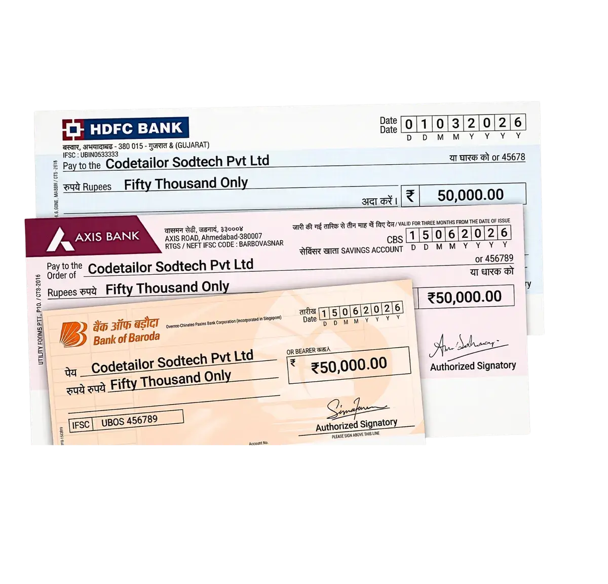 Indian bank cheque formats — HDFC, Axis Bank, Bank of Baroda printed cheques